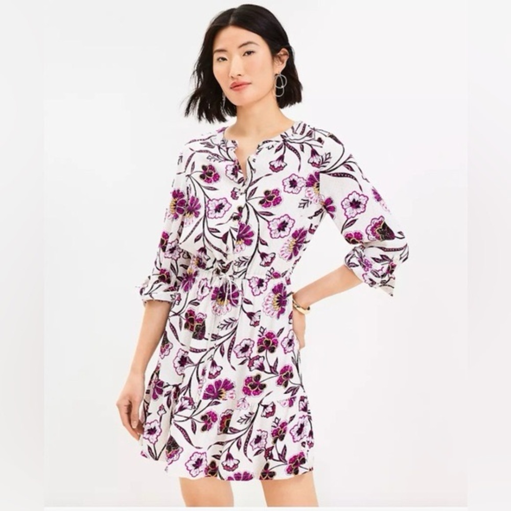 LOFT Botanical Tab Sleeve Button Flounce Dress